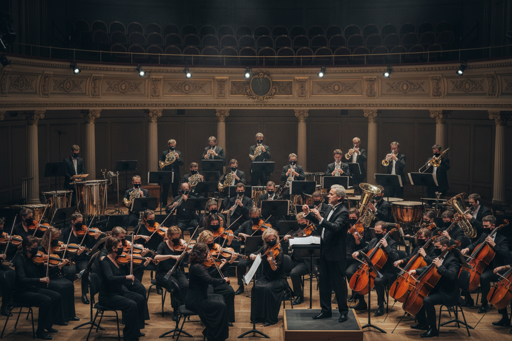 Symphony orchestra performing with COVID masks - Prayer, Pain, Panic and Poise